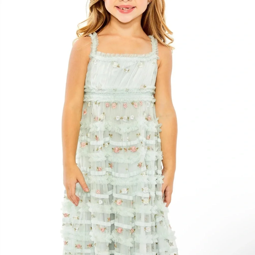 Mac Duggal Girls Ruffled Floral Embroidered Gown - Picture 3 of 15